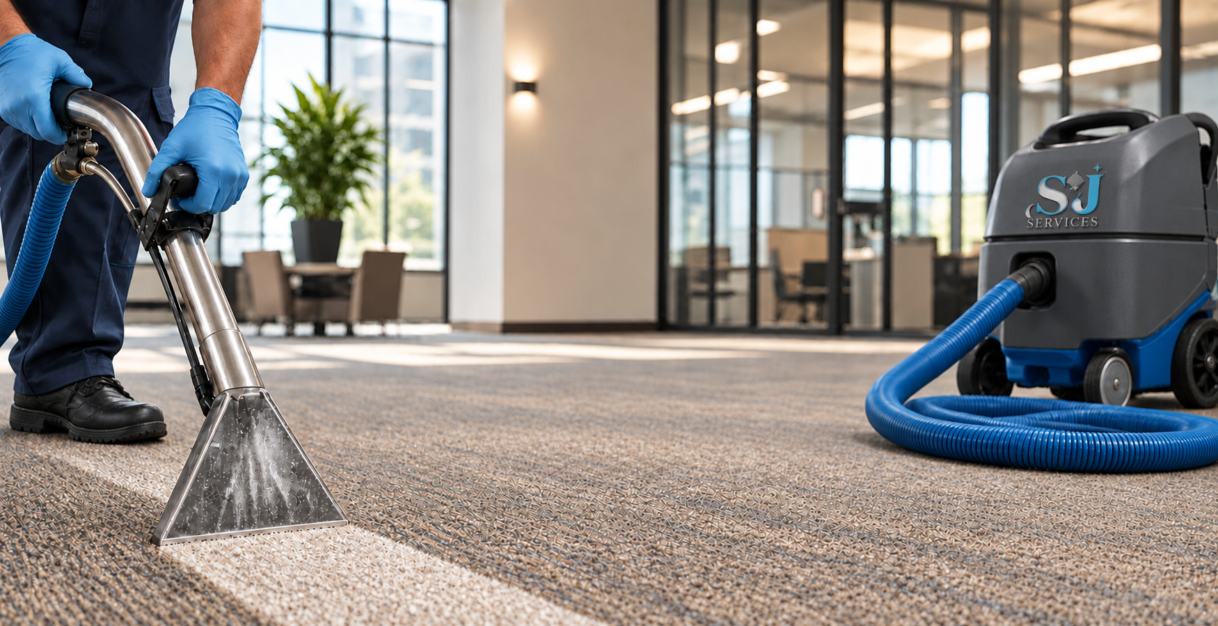 S&J Services technician performing commercial carpet extraction