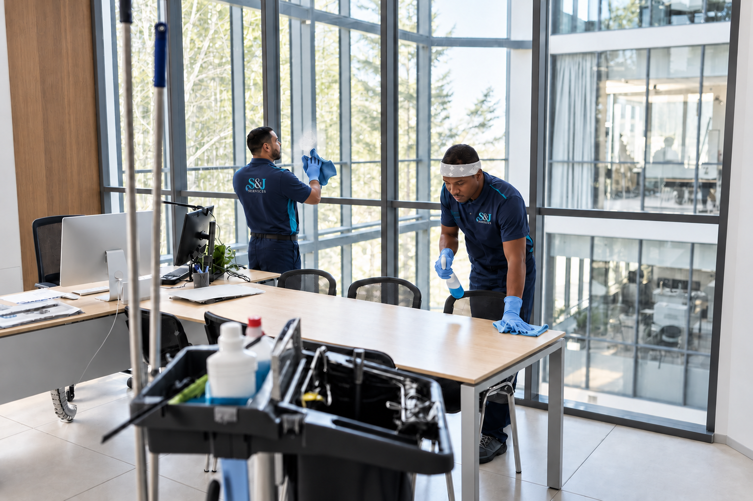 S&J Services cleaners maintaining a bright modern commercial space