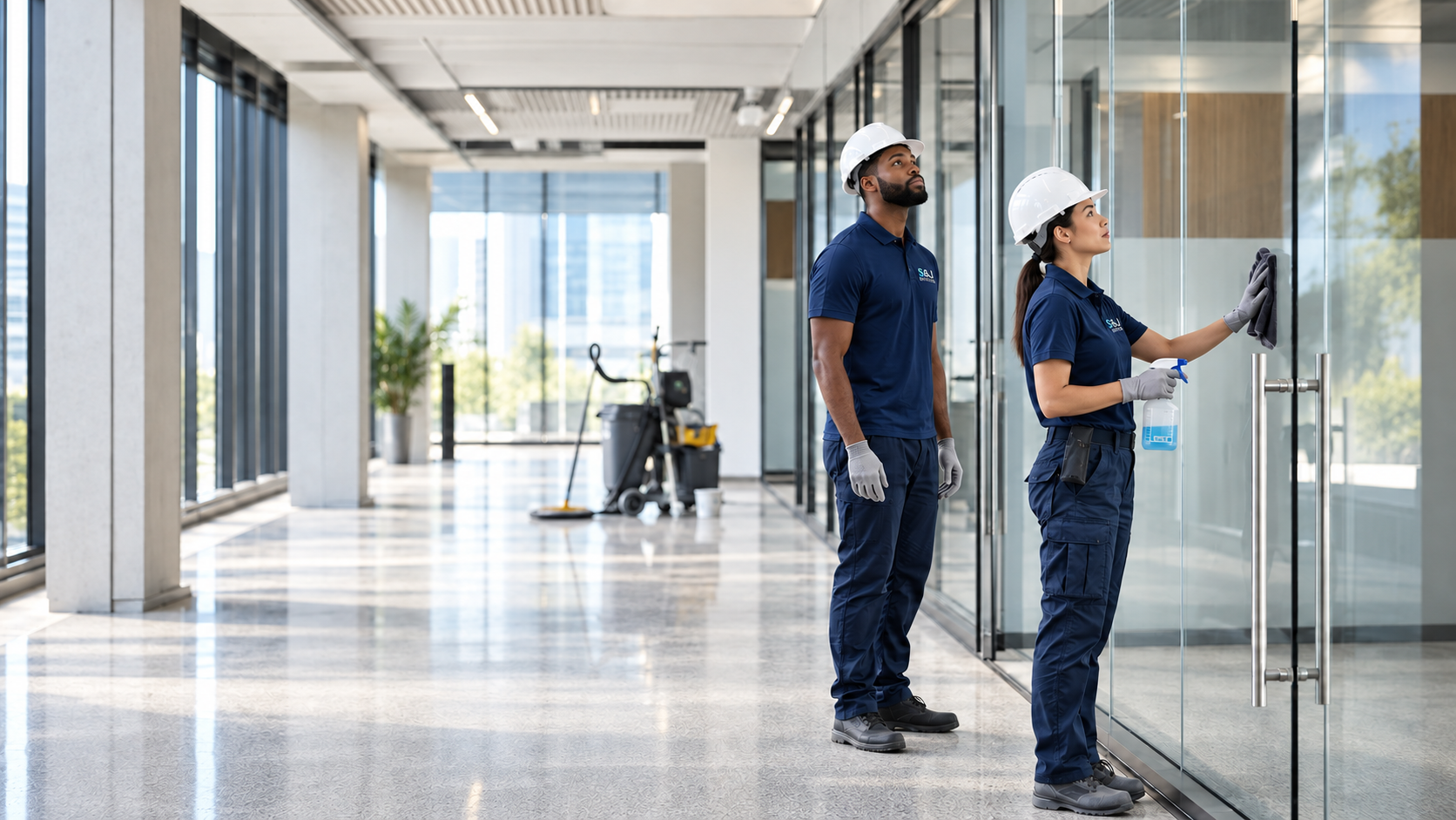 S&J Services cleaning professionals working in a bright commercial space