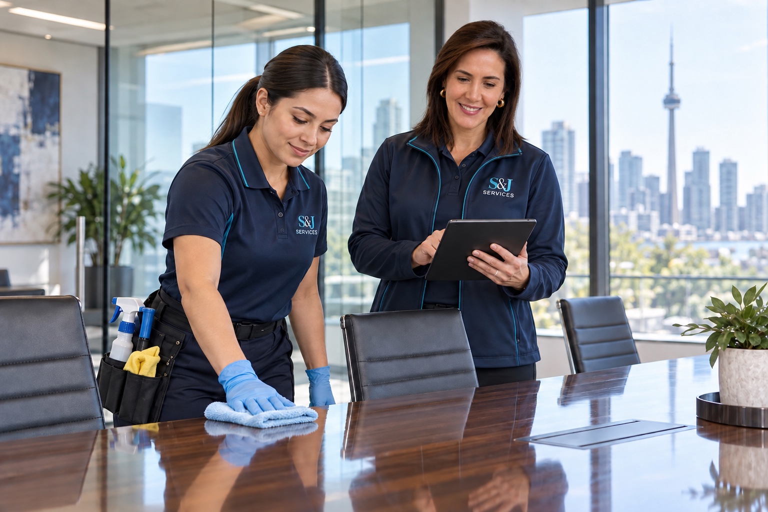 S&J Services commercial cleaning specialist and supervisor completing a quality inspection