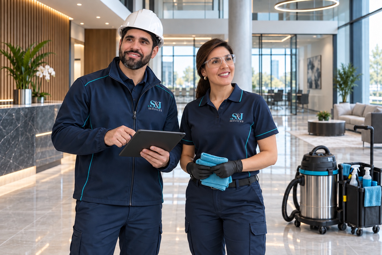 S&J Services post-construction specialists inspecting a newly finished commercial lobby