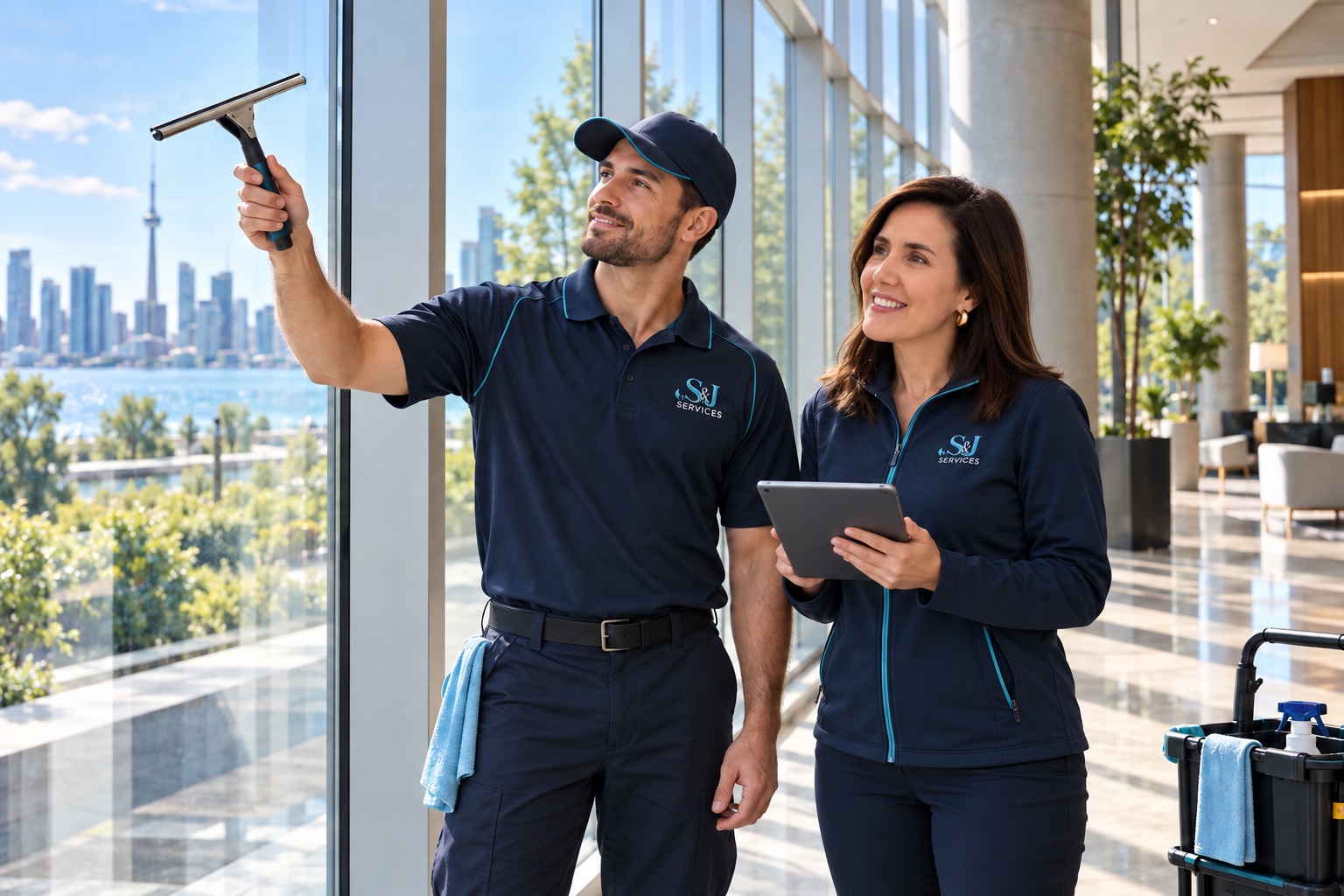 S&J Services technician and supervisor inspecting commercial glass cleaning