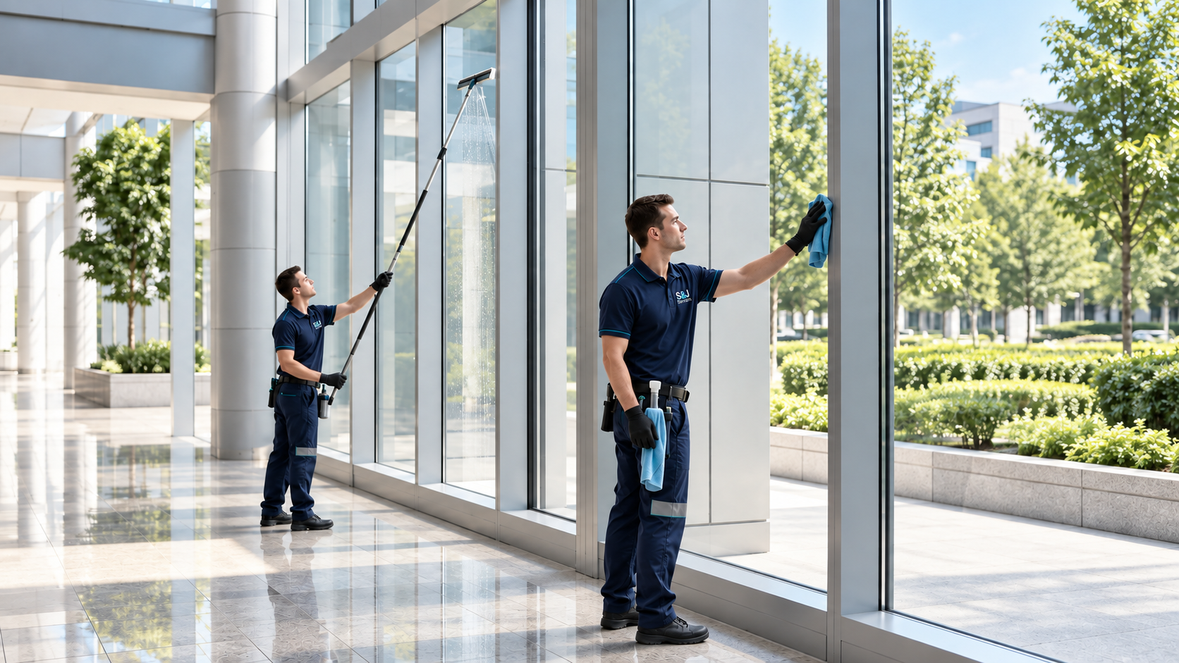 S&J Services technicians cleaning floor-to-ceiling commercial windows